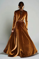 Load image into Gallery viewer, Brown Pleated Velvet A Line Long Sleeves Holiday Party Dress