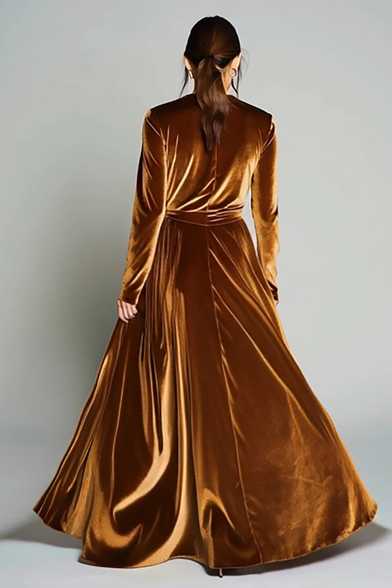 Load image into Gallery viewer, Brown Pleated Velvet A Line Long Sleeves Holiday Party Dress