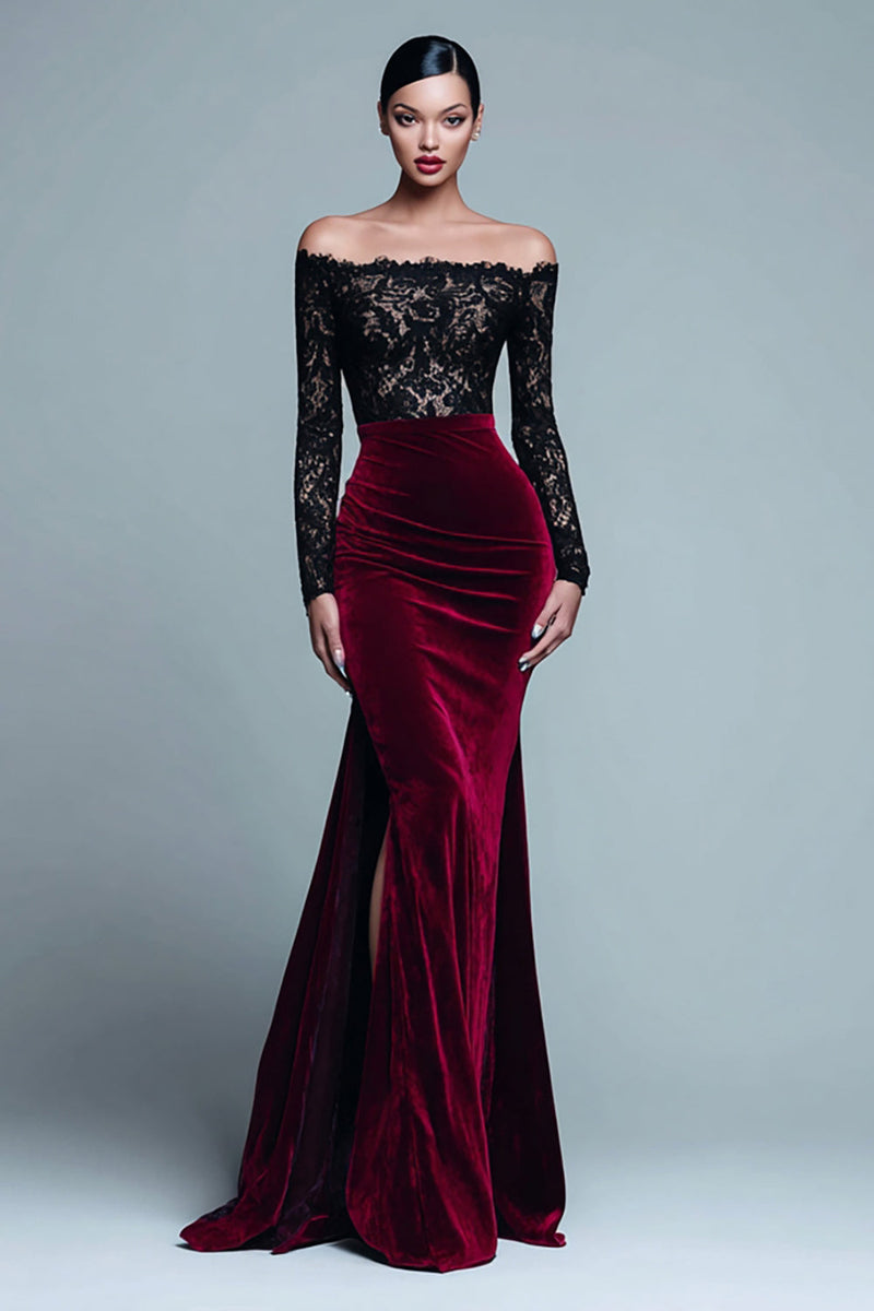 Load image into Gallery viewer, Black and Burgundy Velvet Mermaid Long Sleeves Holiday Party Dress with Lace