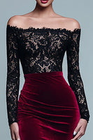 Load image into Gallery viewer, Black and Burgundy Velvet Mermaid Long Sleeves Holiday Party Dress with Lace