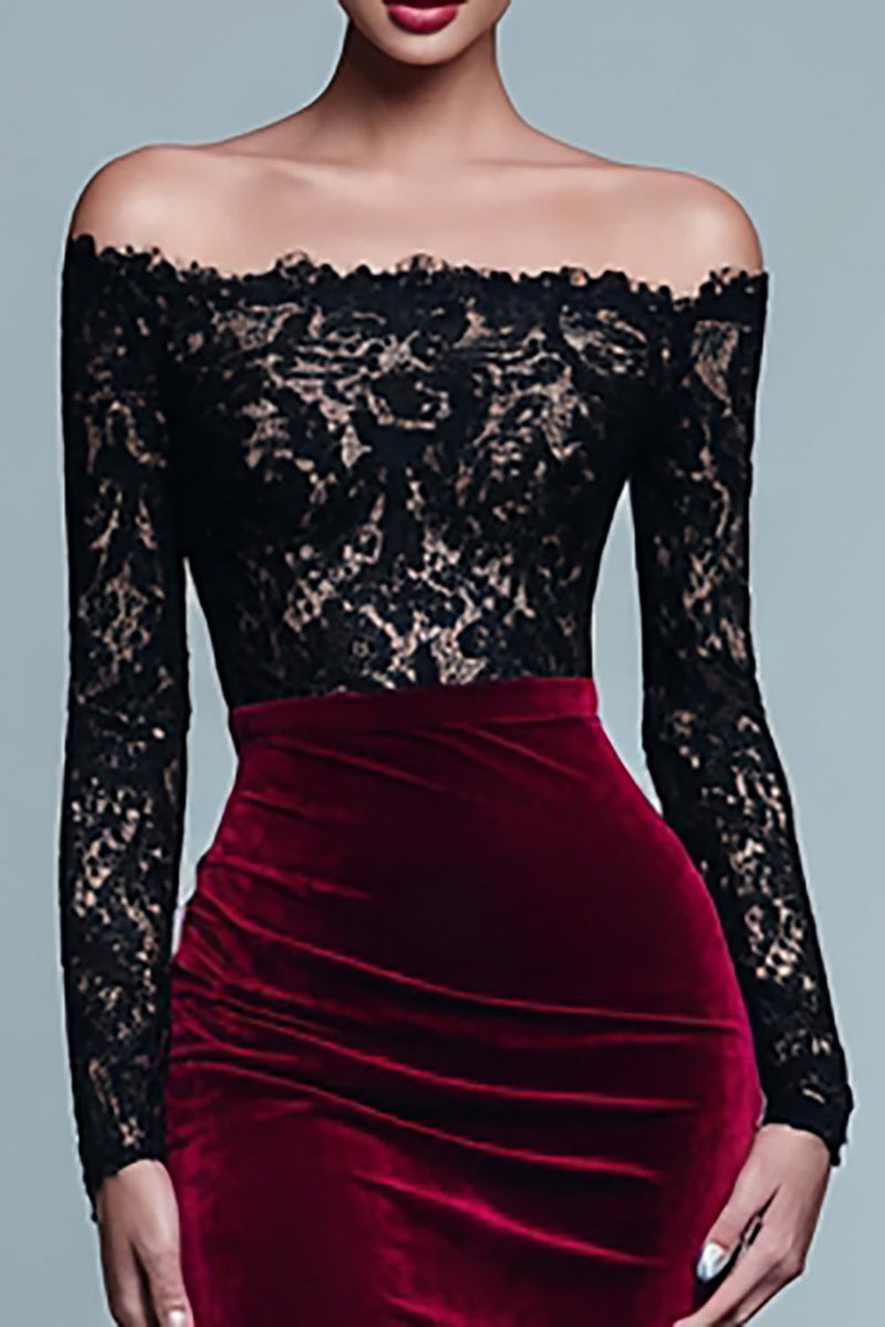 Load image into Gallery viewer, Black and Burgundy Velvet Mermaid Long Sleeves Holiday Party Dress with Lace