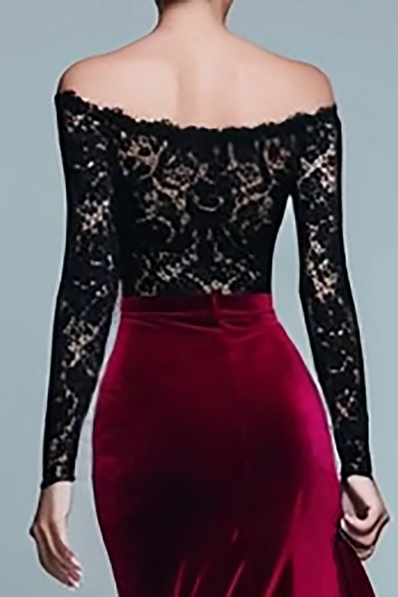 Load image into Gallery viewer, Black and Burgundy Velvet Mermaid Long Sleeves Holiday Party Dress with Lace