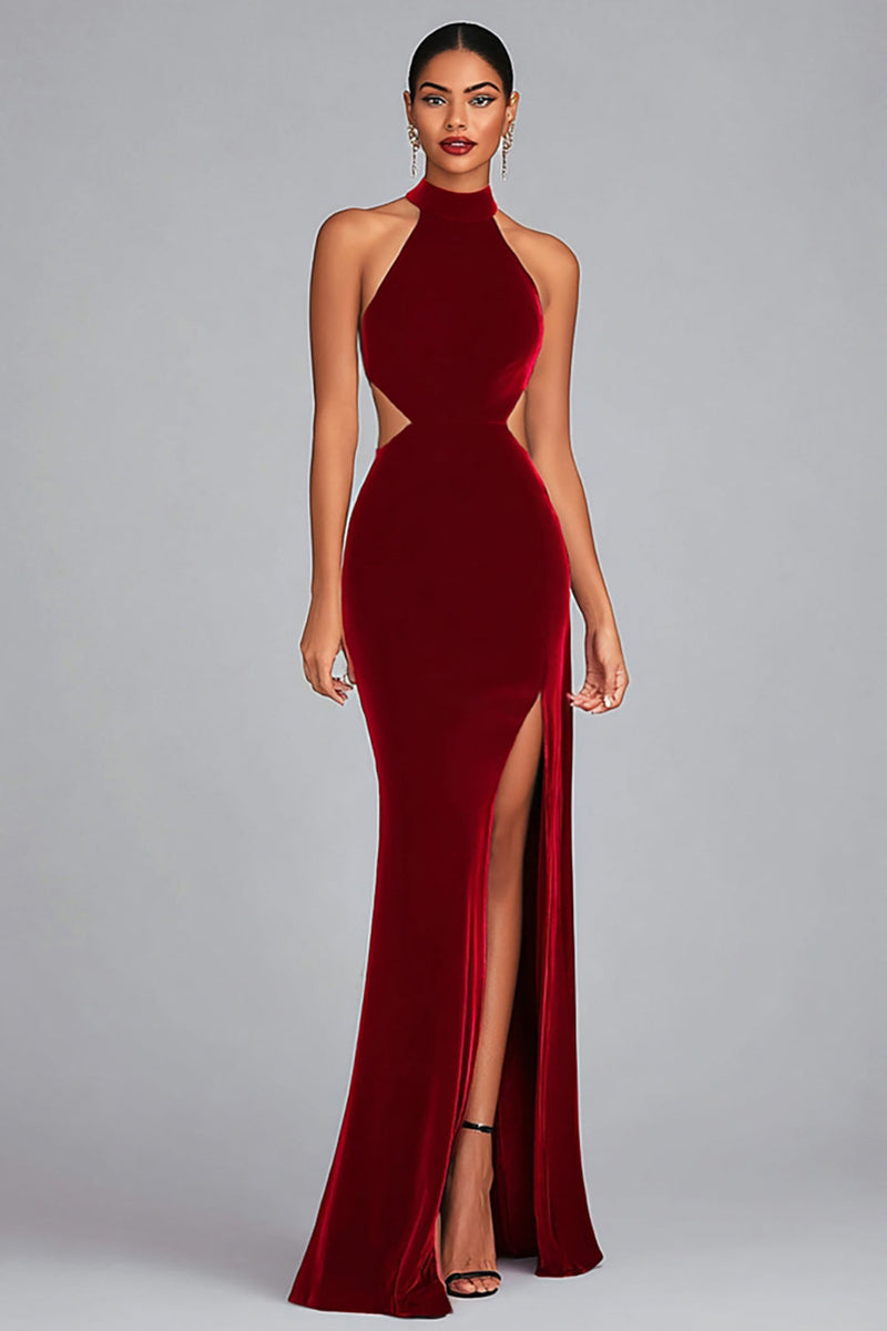 Load image into Gallery viewer, Black Velvet Halter Mermaid Maxi Holiday Party Dress with Slit