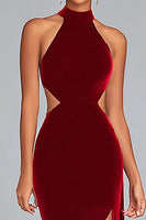 Load image into Gallery viewer, Black Velvet Halter Mermaid Maxi Holiday Party Dress with Slit