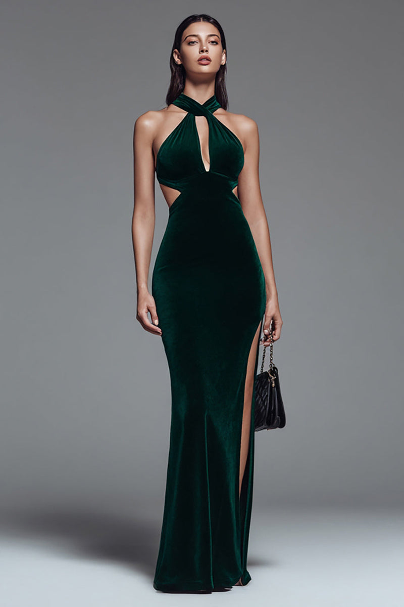 Load image into Gallery viewer, Dark Green Cut Out Mermaid Velvet Long Holiday Party Dress with Slit