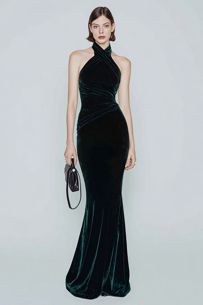 Load image into Gallery viewer, Dark Green Mermaid Halter Velvet Long Holiday Party Dress