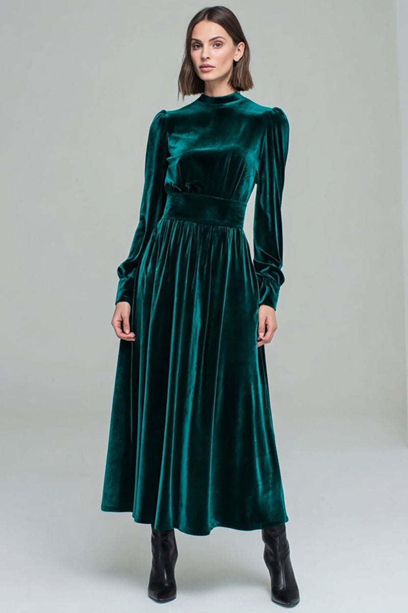 Load image into Gallery viewer, Peacock Green Velvet A Line Long Holiday Party Dress with Sleeves