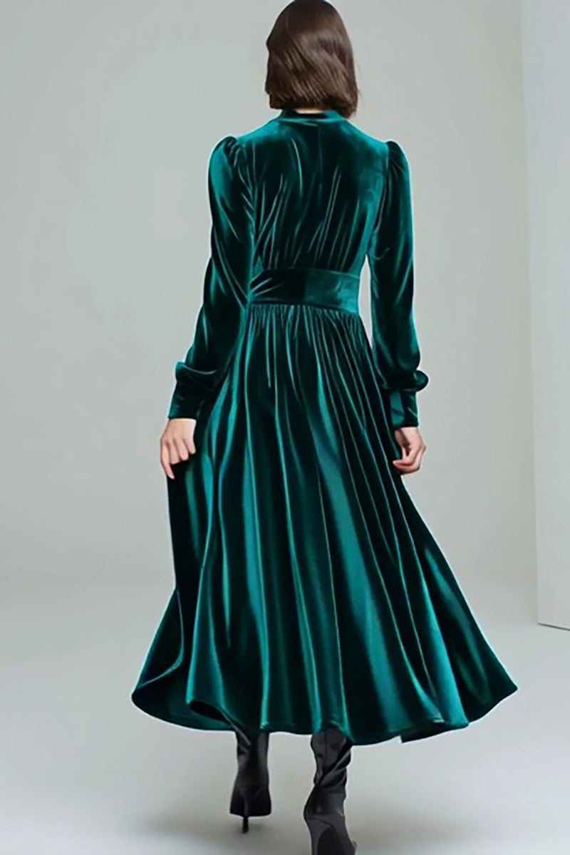 Load image into Gallery viewer, Peacock Green Velvet A Line Long Holiday Party Dress with Sleeves