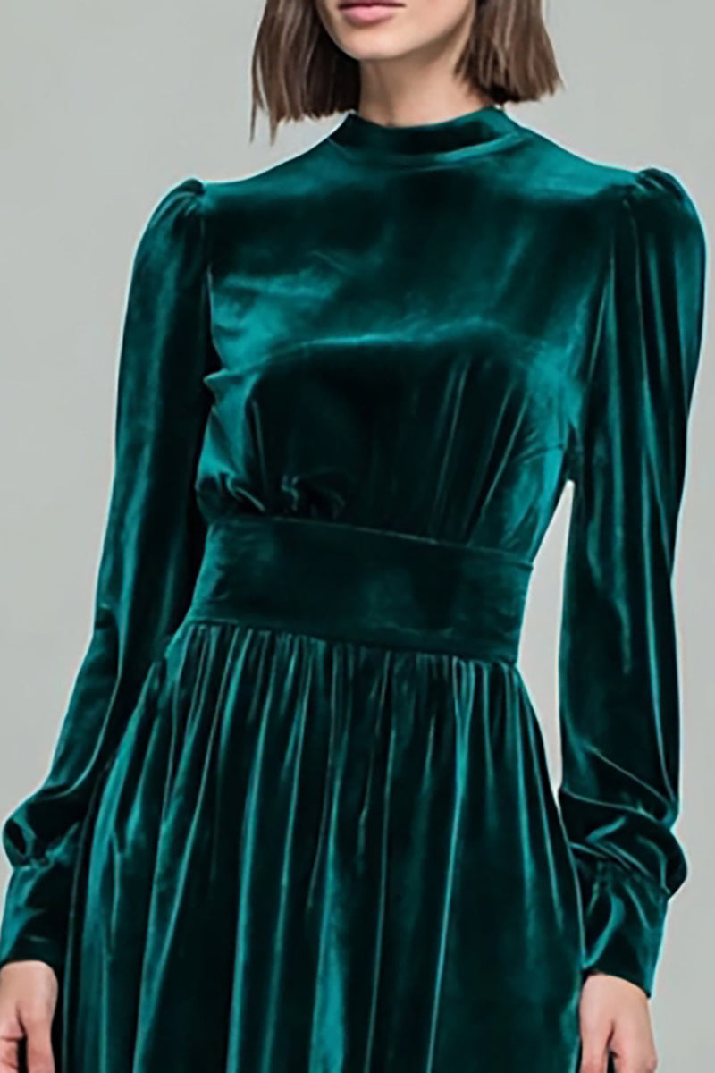 Load image into Gallery viewer, Peacock Green Velvet A Line Long Holiday Party Dress with Sleeves