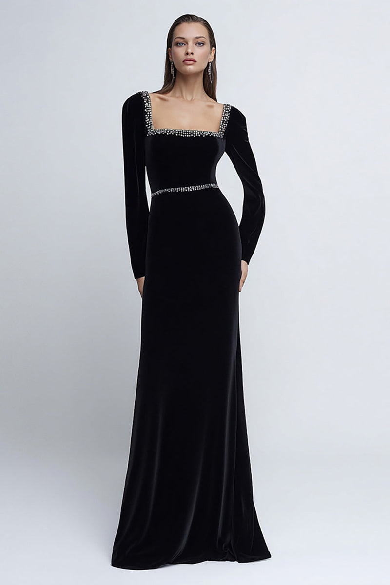 Load image into Gallery viewer, Sparkly Black Long Sleeves Velvet Holiday Party Dress with Beading