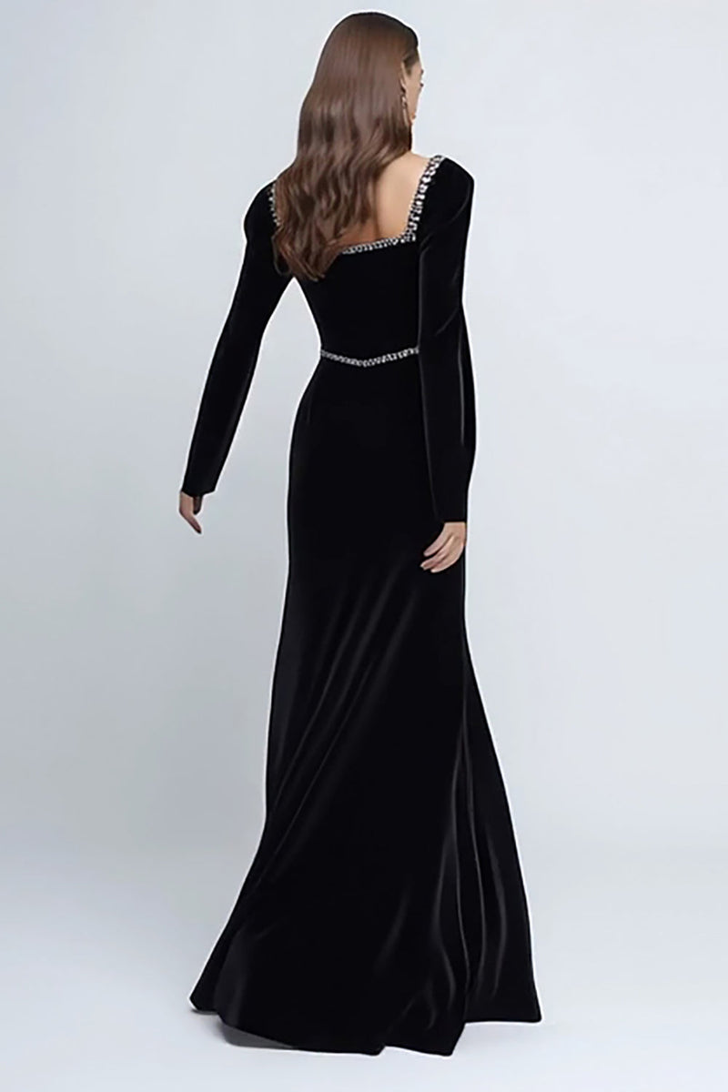 Load image into Gallery viewer, Sparkly Black Long Sleeves Velvet Holiday Party Dress with Beading