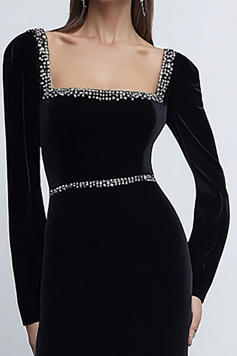 Load image into Gallery viewer, Sparkly Black Long Sleeves Velvet Holiday Party Dress with Beading