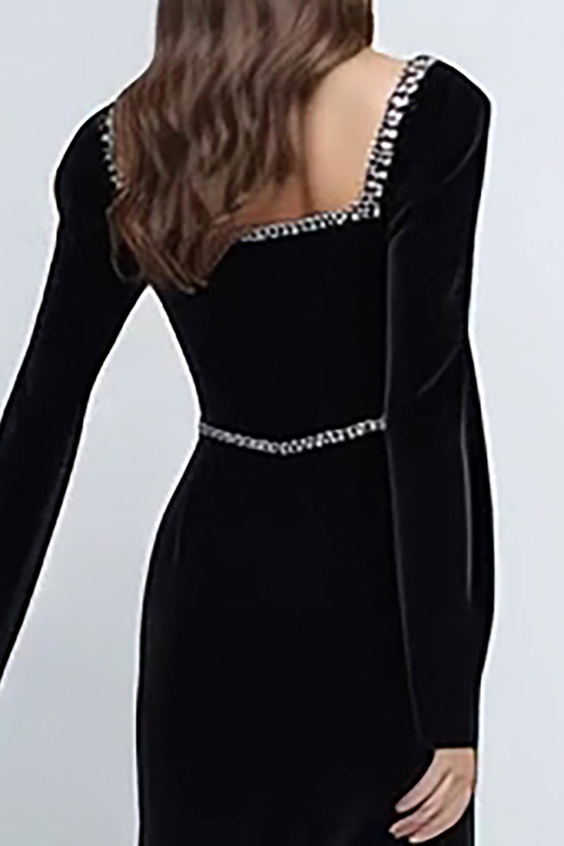 Load image into Gallery viewer, Sparkly Black Long Sleeves Velvet Holiday Party Dress with Beading