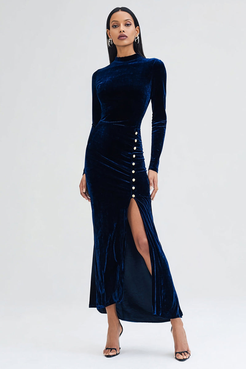 Load image into Gallery viewer, Navy Velvet Long Sleeves Mermaid Holiday Party Dress with Slit