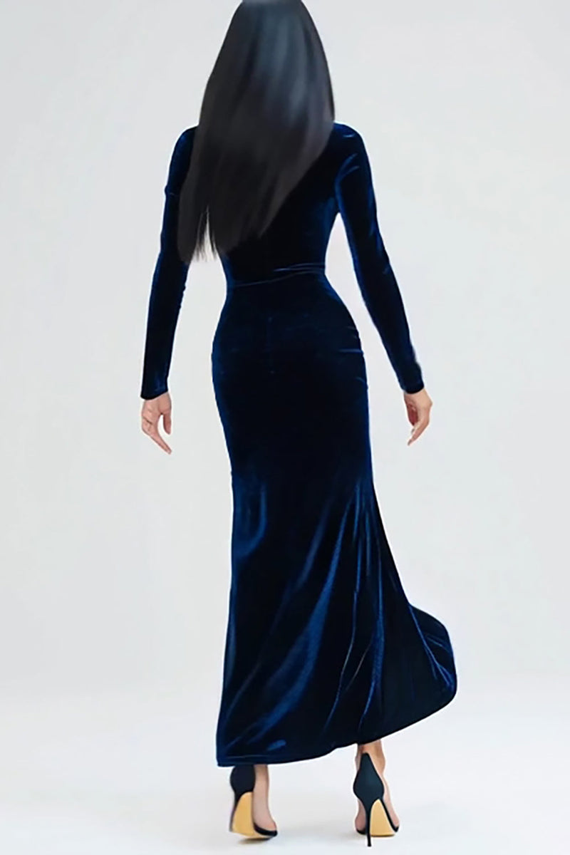 Load image into Gallery viewer, Navy Velvet Long Sleeves Mermaid Holiday Party Dress with Slit