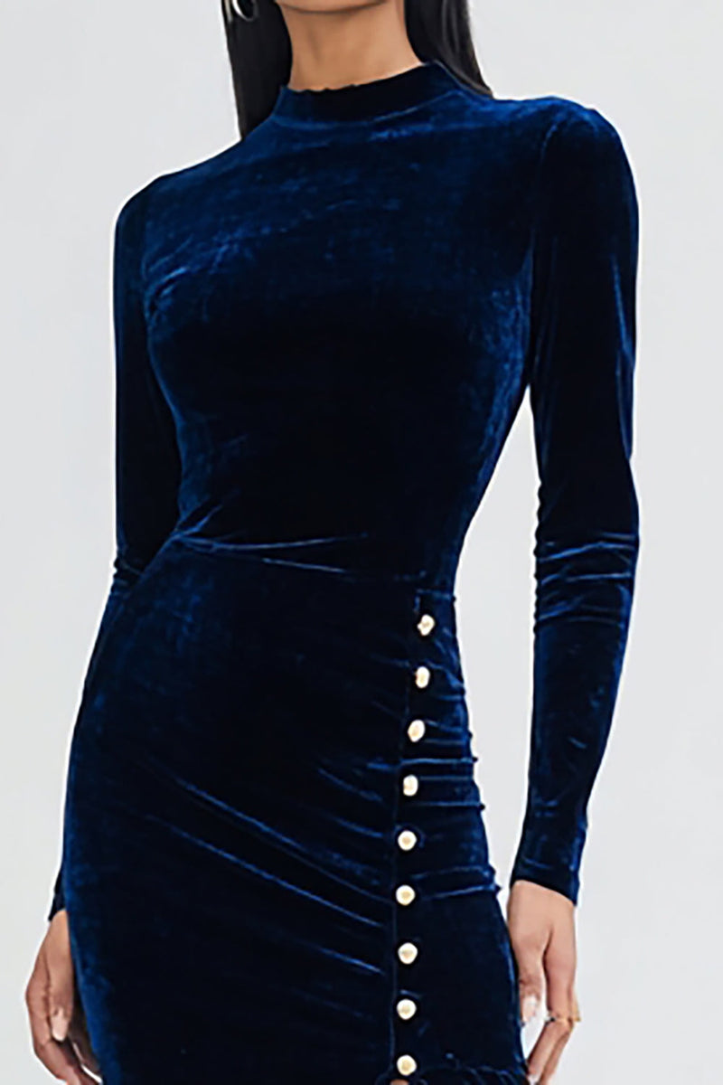 Load image into Gallery viewer, Navy Velvet Long Sleeves Mermaid Holiday Party Dress with Slit
