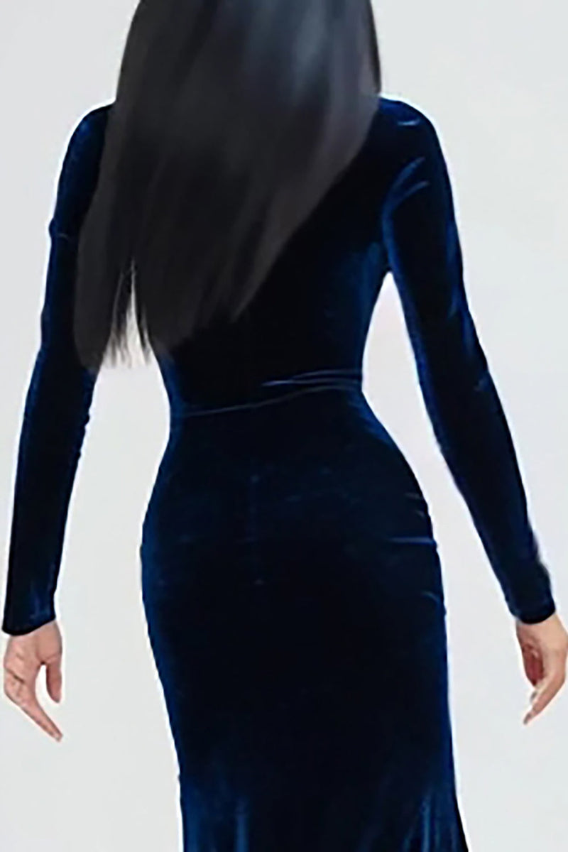Load image into Gallery viewer, Navy Velvet Long Sleeves Mermaid Holiday Party Dress with Slit