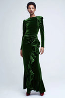 Load image into Gallery viewer, Green Mermaid Velvet Long Ruffled Holiday Party Dress with Sleeves