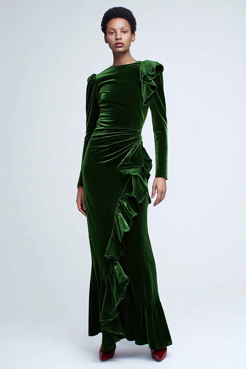 Load image into Gallery viewer, Green Mermaid Velvet Long Ruffled Holiday Party Dress with Sleeves