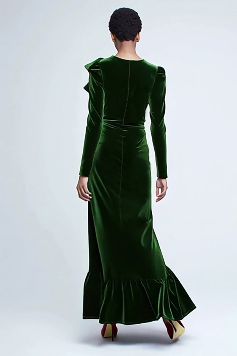 Load image into Gallery viewer, Green Mermaid Velvet Long Ruffled Holiday Party Dress with Sleeves