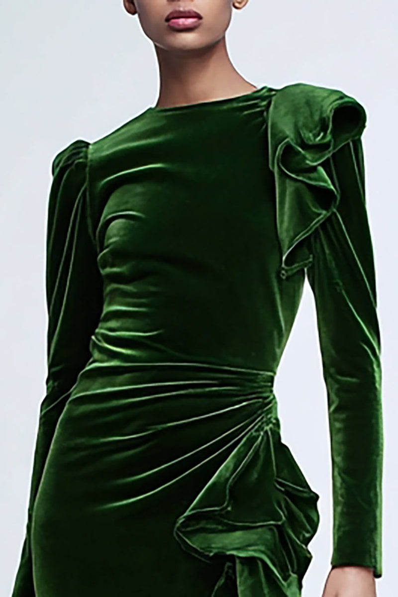 Load image into Gallery viewer, Green Mermaid Velvet Long Ruffled Holiday Party Dress with Sleeves