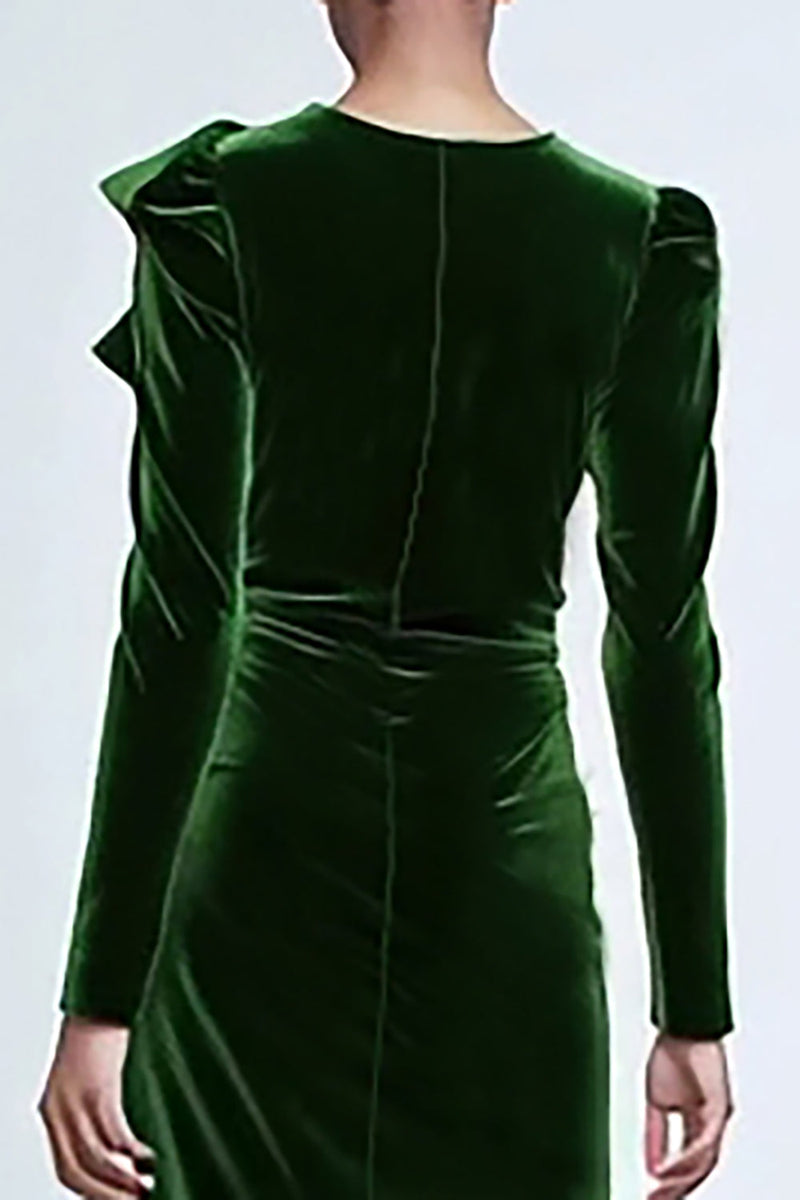 Load image into Gallery viewer, Green Mermaid Velvet Long Ruffled Holiday Party Dress with Sleeves