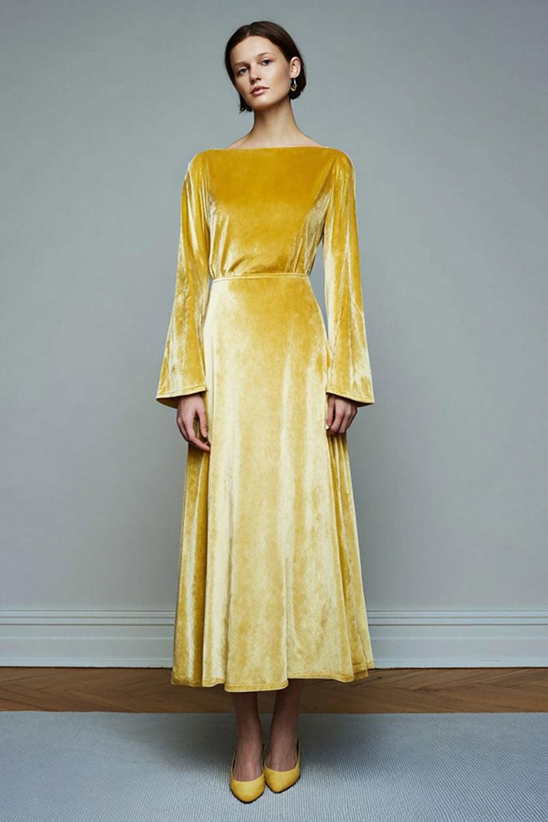 Load image into Gallery viewer, Yellow Long A Line Velvet Holiday Party Dress with Sleeves