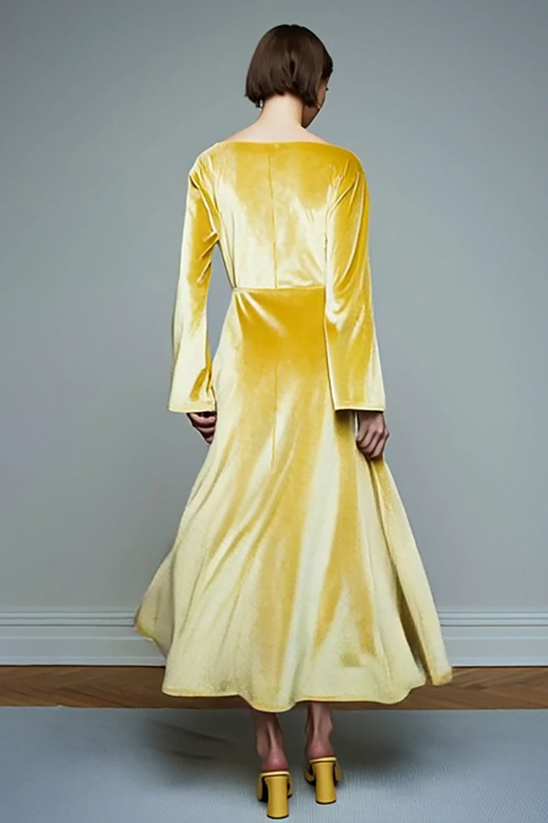 Load image into Gallery viewer, Yellow Long A Line Velvet Holiday Party Dress with Sleeves