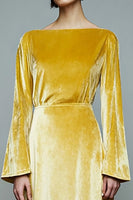 Load image into Gallery viewer, Yellow Long A Line Velvet Holiday Party Dress with Sleeves