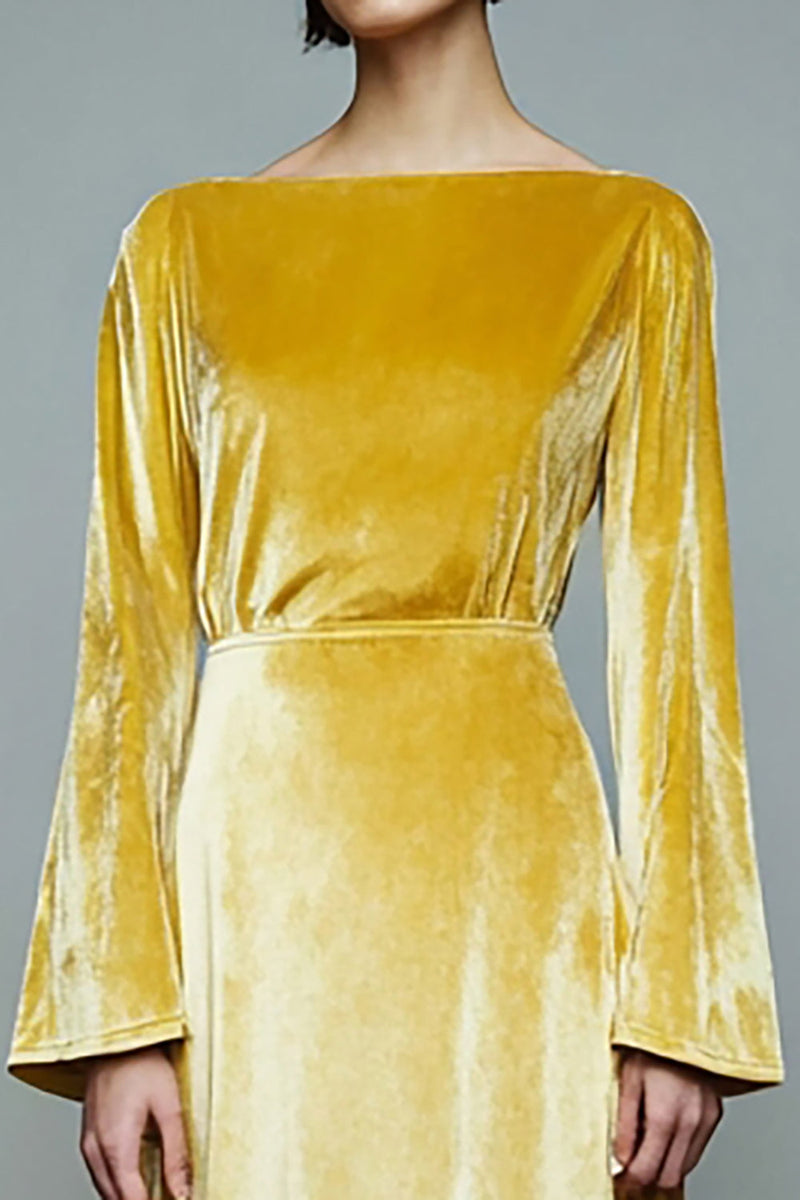 Load image into Gallery viewer, Yellow Long A Line Velvet Holiday Party Dress with Sleeves