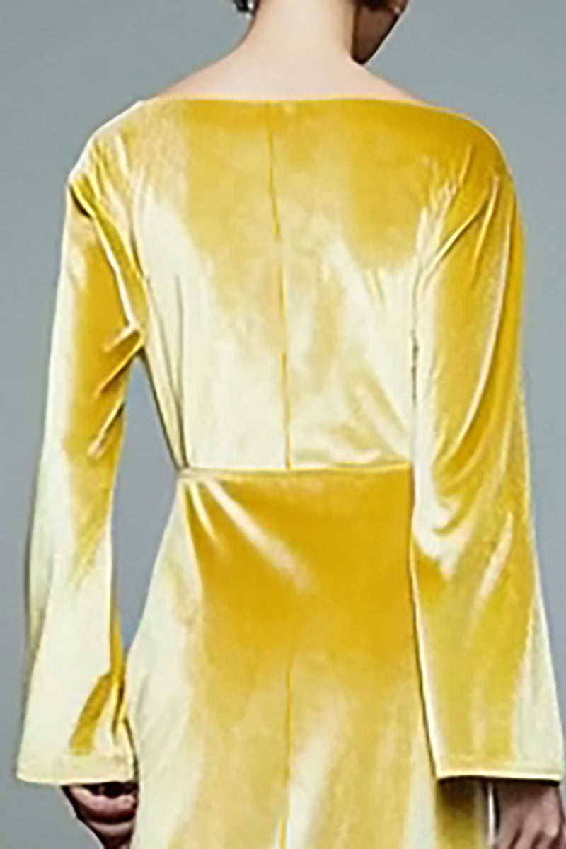 Load image into Gallery viewer, Yellow Long A Line Velvet Holiday Party Dress with Sleeves
