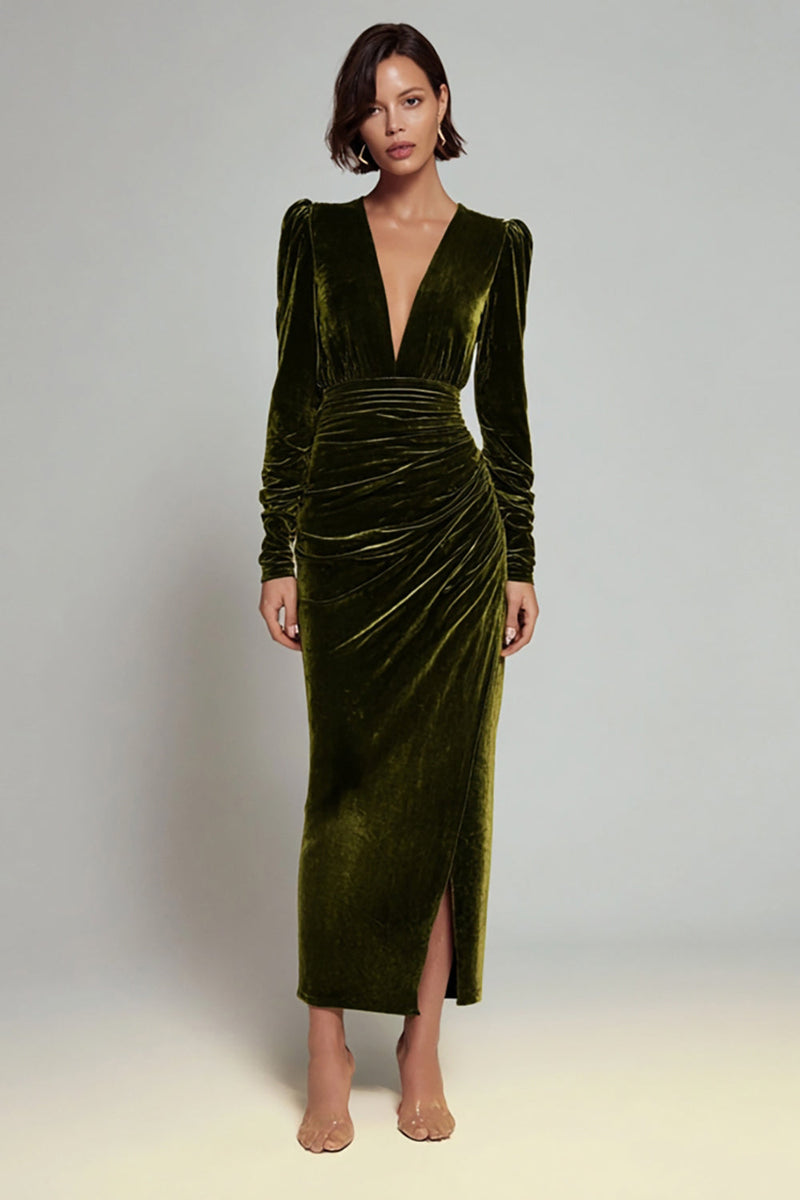 Load image into Gallery viewer, Olive Sheath Deep V-Neck Velvet Long Holiday Party Dress with Sleeves