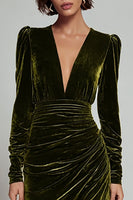 Load image into Gallery viewer, Olive Sheath Deep V-Neck Velvet Long Holiday Party Dress with Sleeves
