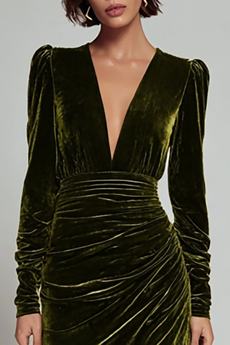 Load image into Gallery viewer, Olive Sheath Deep V-Neck Velvet Long Holiday Party Dress with Sleeves