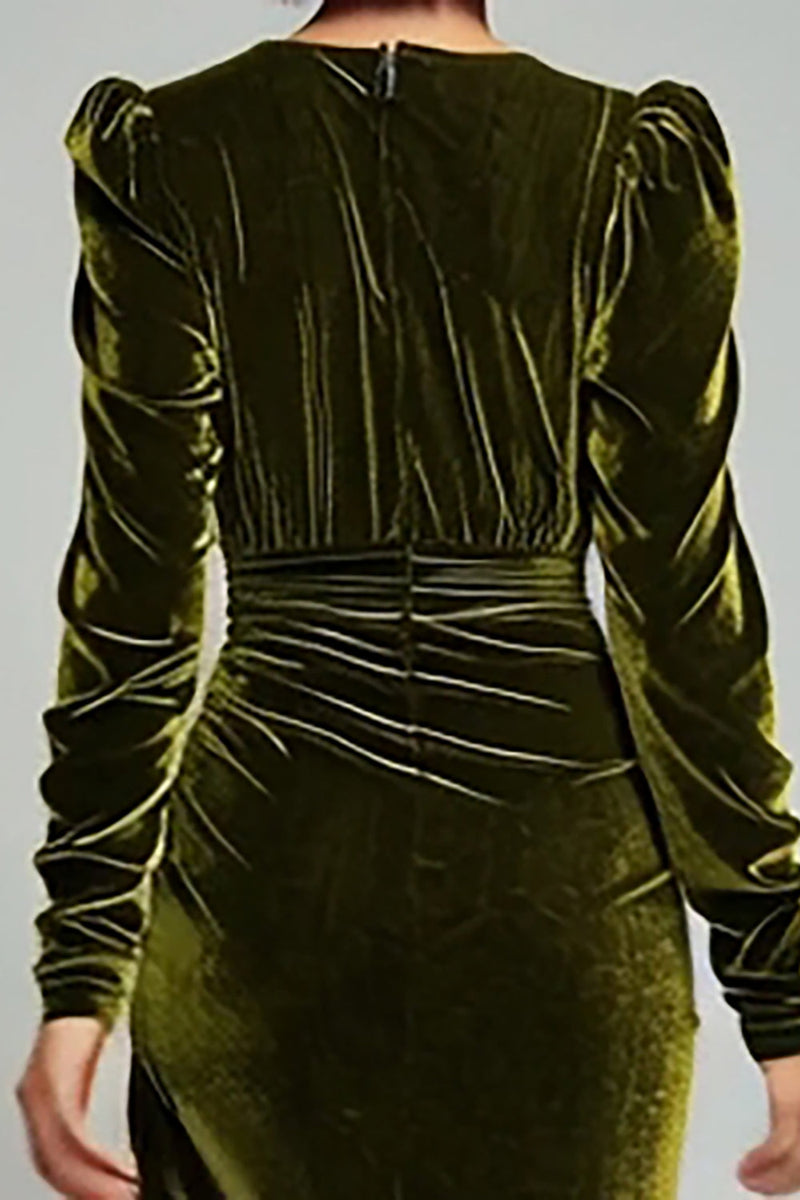 Load image into Gallery viewer, Olive Sheath Deep V-Neck Velvet Long Holiday Party Dress with Sleeves