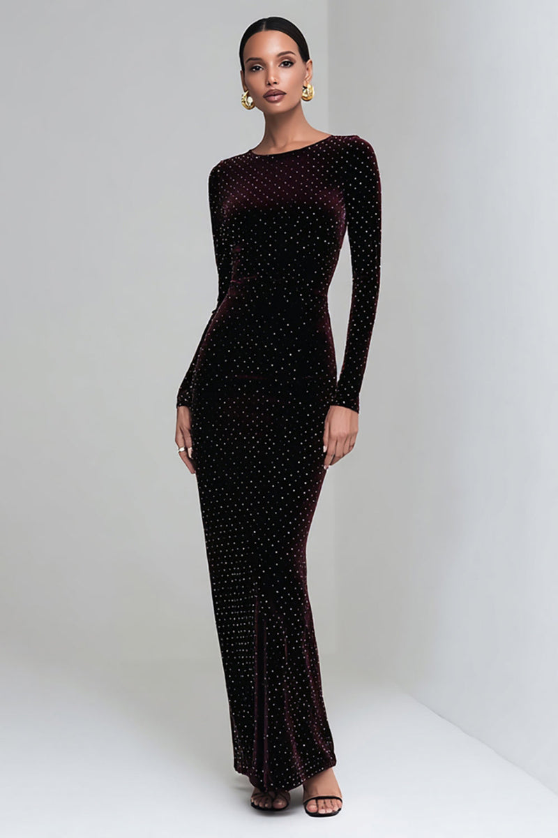 Load image into Gallery viewer, Coffee Mermaid Long Velvet Holiday Party Dress with Sleeves