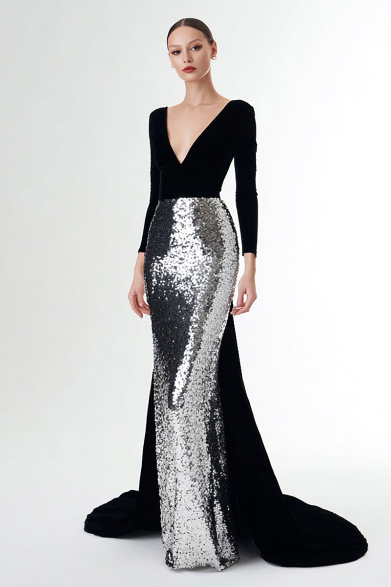 Load image into Gallery viewer, Sparkly Black and Silver Maxi Holiday Party Dress with Sleeves