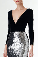 Load image into Gallery viewer, Sparkly Black and Silver Maxi Holiday Party Dress with Sleeves
