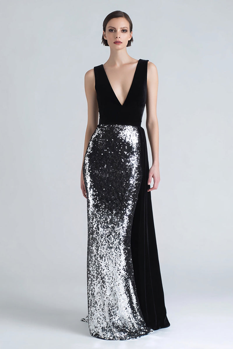 Load image into Gallery viewer, Sparkly Black and Silver Maxi Mermaid Holiday Party Dress with Side Cape