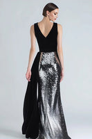 Load image into Gallery viewer, Sparkly Black and Silver Maxi Mermaid Holiday Party Dress with Side Cape