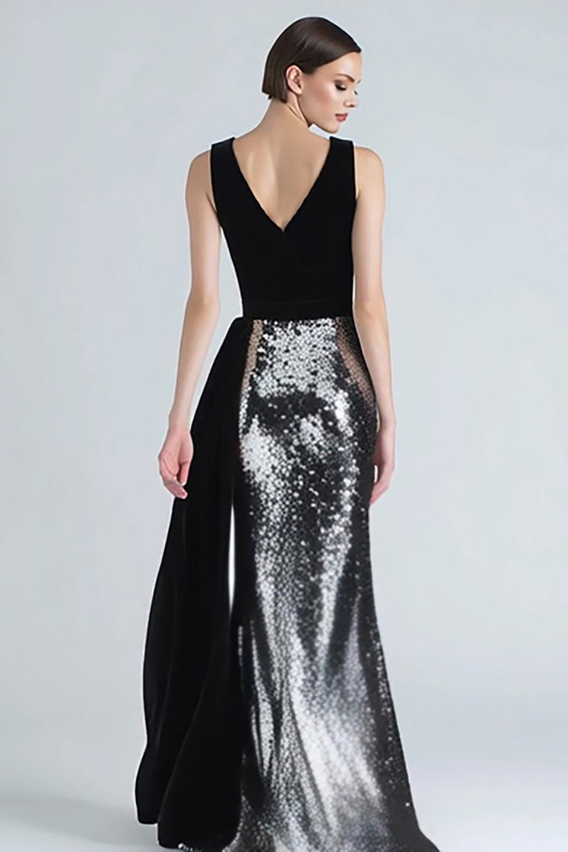 Load image into Gallery viewer, Sparkly Black and Silver Maxi Mermaid Holiday Party Dress with Side Cape