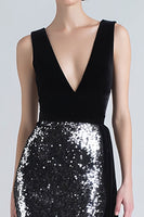 Load image into Gallery viewer, Sparkly Black and Silver Maxi Mermaid Holiday Party Dress with Side Cape