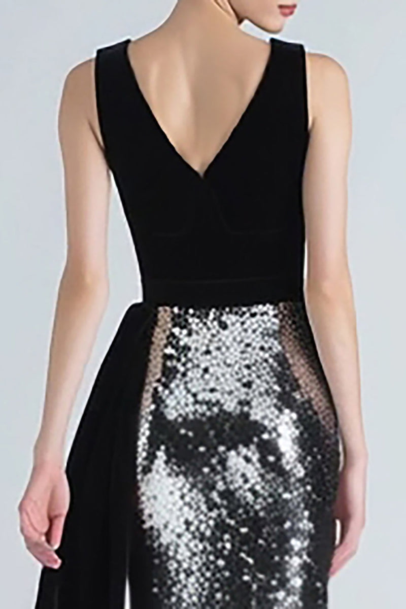 Load image into Gallery viewer, Sparkly Black and Silver Maxi Mermaid Holiday Party Dress with Side Cape