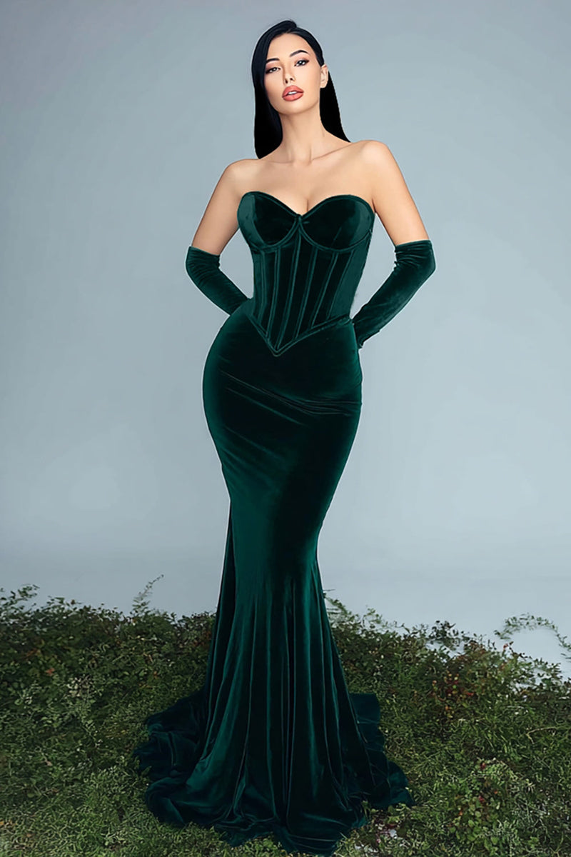 Load image into Gallery viewer, Dark Green Velvet Mermaid Long Corset Holiday Party Dress