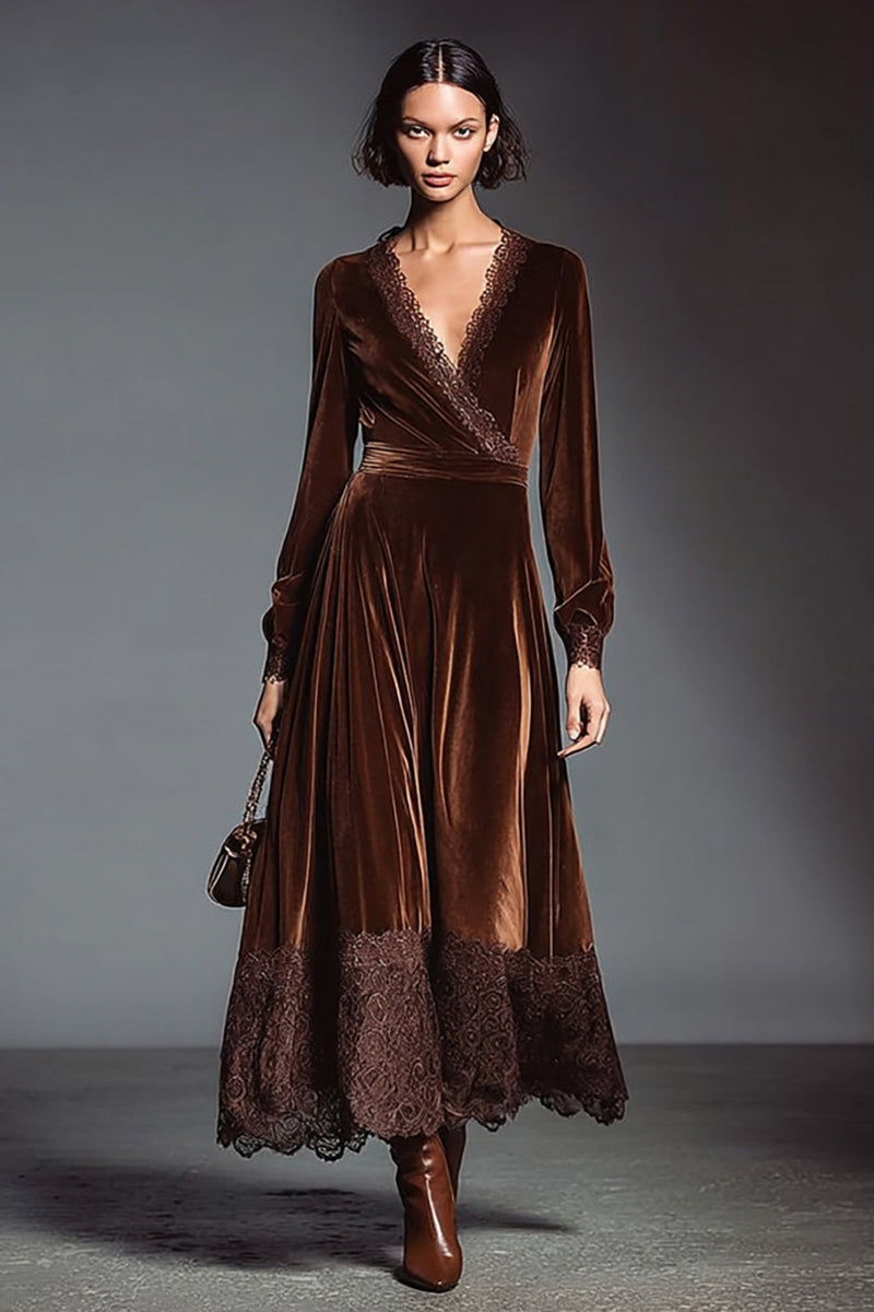 Load image into Gallery viewer, Women Coffee Velvet Maxi Holiday Party Dress with Lace V-Neck A Line Long Sleeves Formal Dress