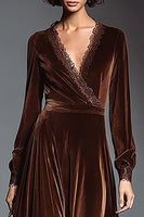 Load image into Gallery viewer, Coffee V-Neck Long Sleeves Velvet Holiday Party Dress with Lace