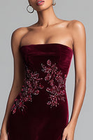 Load image into Gallery viewer, Burgundy Velvet Strapless Floral Long Holiday Party Dress