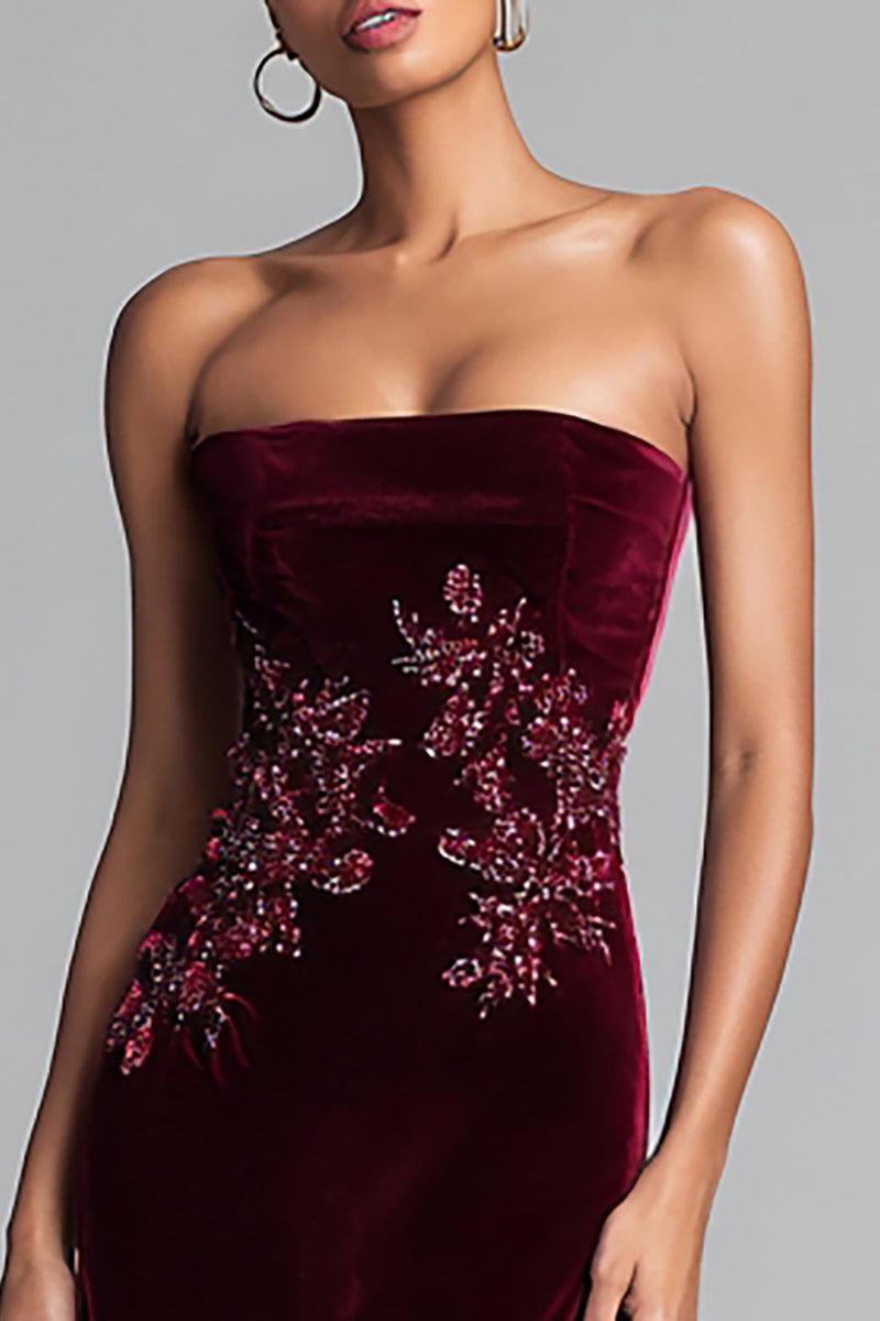 Load image into Gallery viewer, Burgundy Velvet Strapless Floral Long Holiday Party Dress