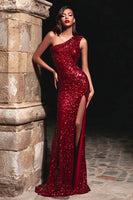 Load image into Gallery viewer, Sparkly Red Sequin One Shoulder Maxi Holiday Party Dress with Slit