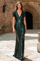 Load image into Gallery viewer, Sparkly Dark Green V-Neck Sequin Maxi Holiday Party Dress with Sleeves